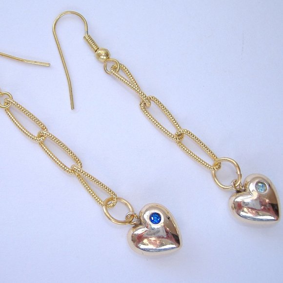 Heart Rhinestone Long Handmade Earrings Gold Metal Chain Aqua Blue Pierced Hook - Picture 2 of 6